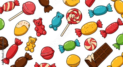 Assorted candies and sweets pattern on white background
