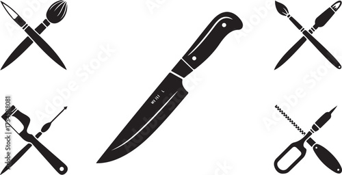 Craftsman's Assortment of Essential Tools A Versatile Collection for Culinary Artistry Dental Hygiene and Artistic Expression in a Minimalist Black and White Design