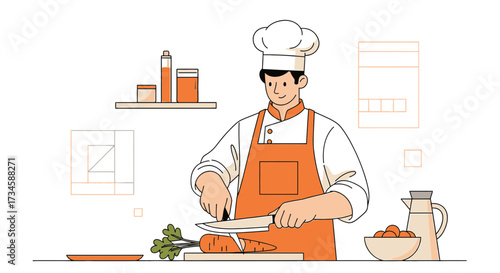 Chef preparing food in kitchen vector illustration representing culinary skills and healthy