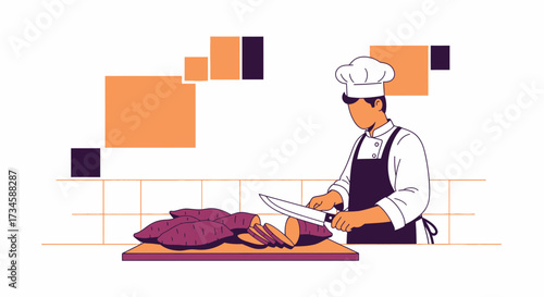 Chef preparing sweet potatoes in a kitchen with modern, minimalist design elements
