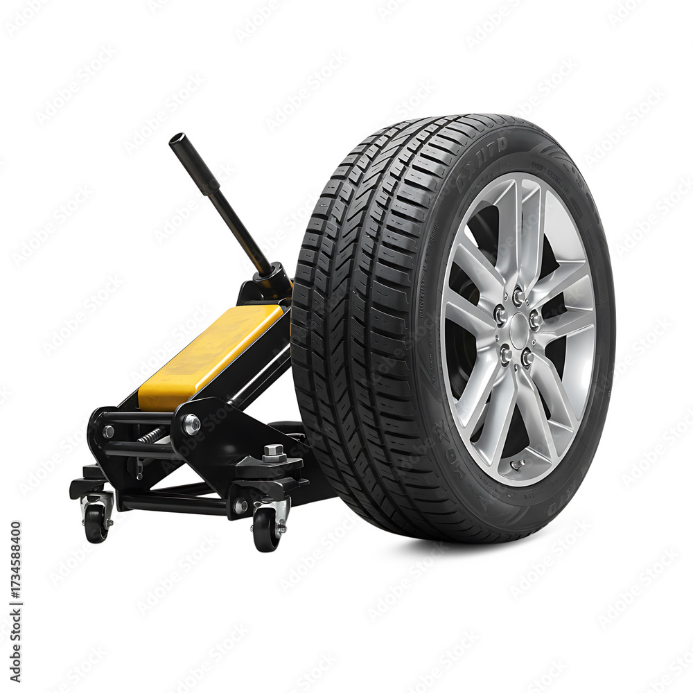 Fototapeta premium Car jack with tire on white background 