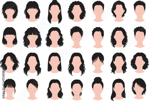 Female hairstyle vector collection, faceless woman avatar clipart, trendy haircut design set, beauty fashion illustration, modern hair style icons for salon