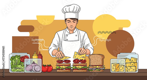 Chef skillfully crafting delicious sandwiches with fresh ingredients in a restaurant setting