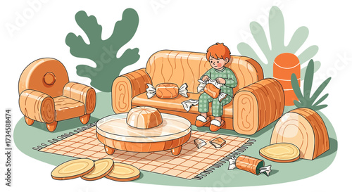 Child's whimsical world made of candies and sweets in a cartoonish interior scene