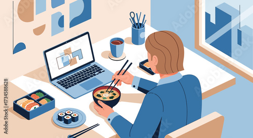 Conceptual illustration depicting a professional enjoying a japanese meal at their workspace