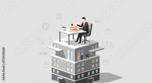 Conceptual illustration of a businessman taking a break on top of a building structure