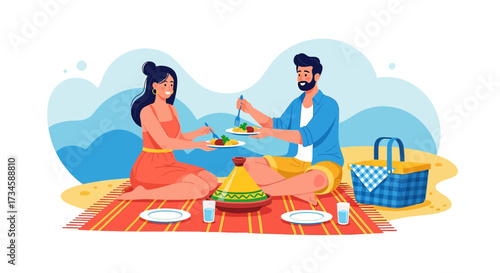 Couple enjoying a picturesque picnic by the seaside with delicious food and refreshing drinks