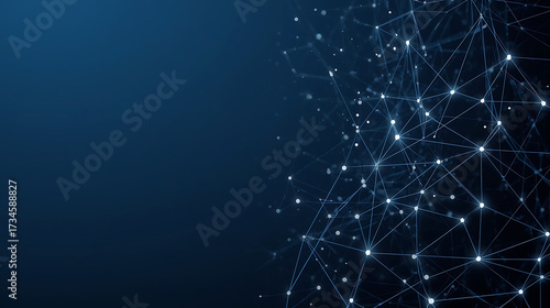 Abstract digital network background with connected white dots and lines forming a polygonal mesh structure on a dark blue gradient background, futuristic technology style,