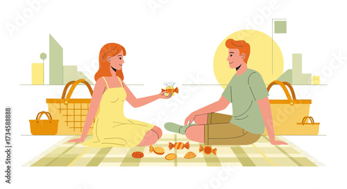 Couple enjoying a sweet picnic with candies, city view, picnic baskets, and summer atmosphere