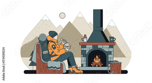 Cozy Winter Retreat: Hiker Resting by the Fireplace in a Mountain Landscape Illustration