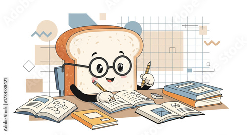 Cute cartoon bread character studying with books and pencils at his desk illustration