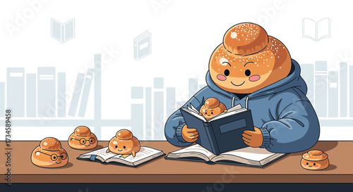 Cute bread characters studying and reading books in a library setting illustration