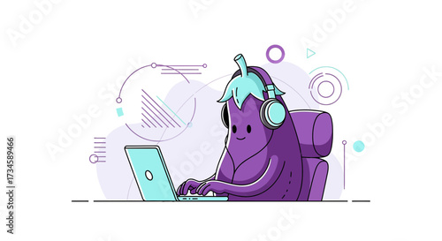 Cute eggplant cartoon character working on a laptop with headphones in a modern workspace