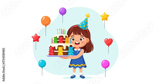 Cute cartoon girl celebrating her birthday with a gummy bear cake and balloons smiling