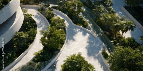 Aerial View of Serene Winding Garden Path and Modern White Architecture