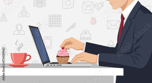 Digital distraction: Businessman pausing work for cupcake and coffee break in the office