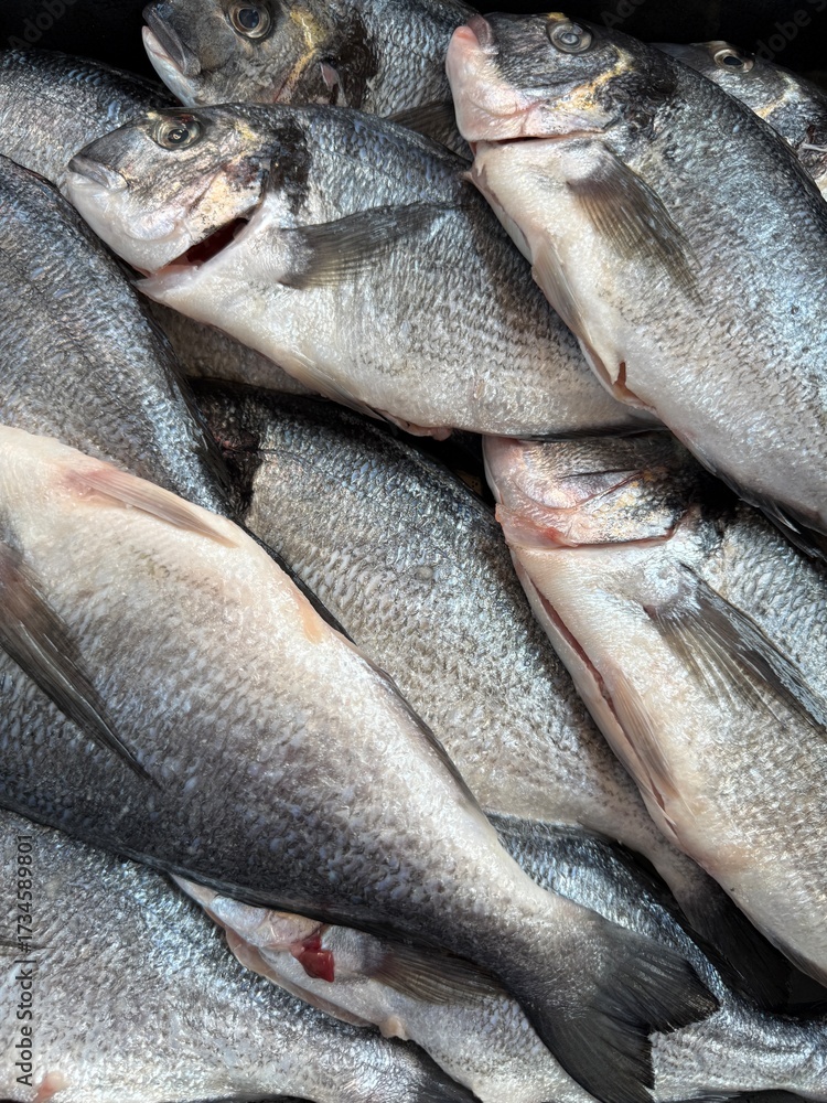 Obraz premium Vertical photo capturing detailed textures of freshly caught fish displayed on ice in a busy seafood market showcasing freshness and culinary appeal.