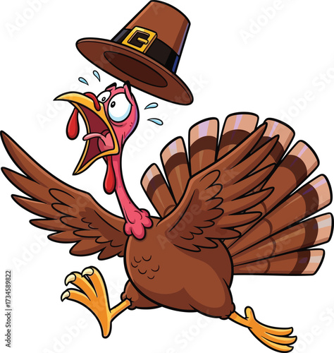 Funny cartoon turkey wearing pilgrim hat falling over surprise thanksgiving vector