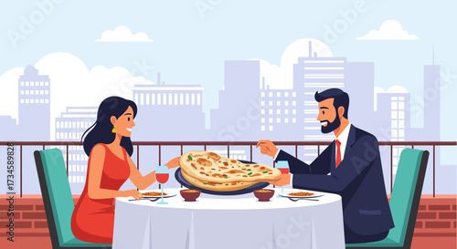 Elegant couple enjoying indian cuisine at rooftop restaurant with cityscape view