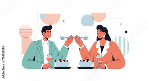 Elegant couple enjoys a romantic dinner with wine, sharing food in a stylish setting
