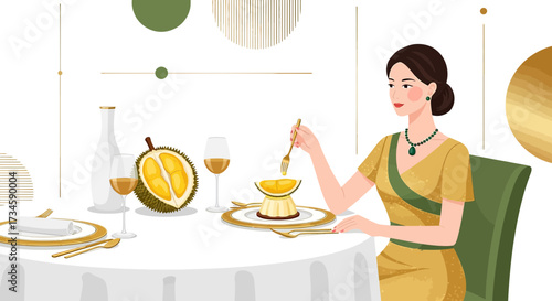 Elegant illustration of a woman enjoying durian dessert in a refined setting atmosphere