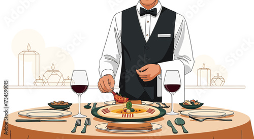 Elegant illustration showcasing a waiter serving a dish in a high-end restaurant setting providing