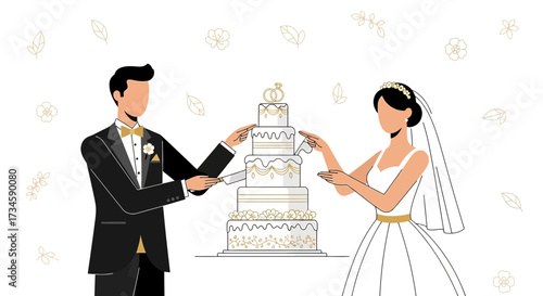 Elegant wedding illustration showcasing a bride and groom cutting the cake together joyfully