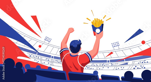Enthusiastic fan cheers with fries at a vibrant sporting event in a stadium illustration