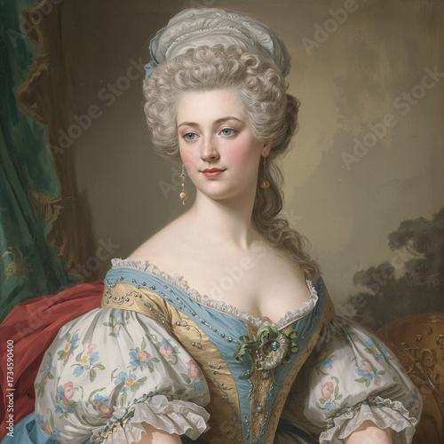 Rococo Style Fashion Portrait of an Aristocratic Woman in Ornate Gown with Pastel Colors and Elegant 18th Century Aesthetic
