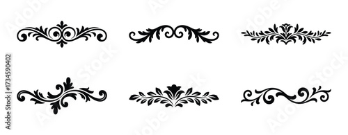 Collection of six decorative ornamental flourishes isolated on white background