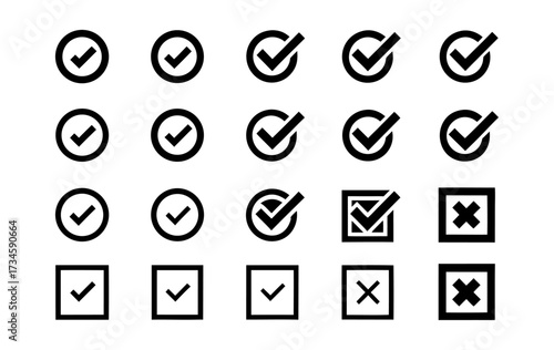 Collection of black and white checkmark and cross icons in circles and squares