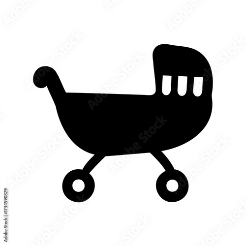 Black silhouette graphic of a classic style baby carriage or pram