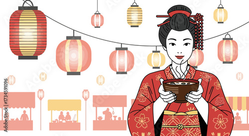 Geisha at a Japanese Summer Festival with Lanterns and Street Food Stalls in a Vibrant Illustration