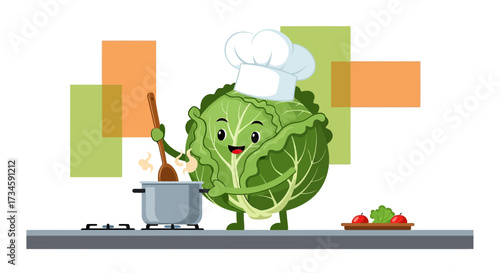 Happy cabbage chef character cooking in a pot, illustration suitable for children's books or