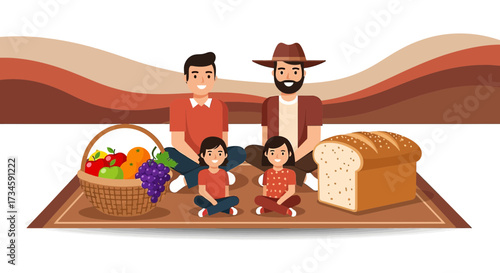Happy family enjoying a picnic together in a colorful and creative setting design