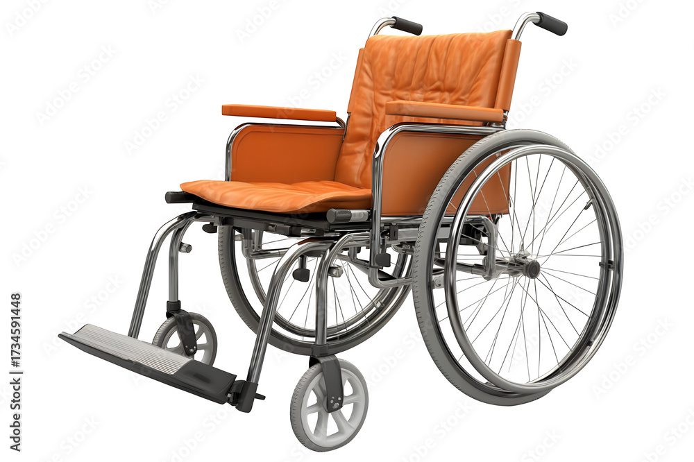 Fototapeta premium Contemporary manual wheelchair with vibrant orange upholstery shiny chrome frame and large spoked wheels transparent
