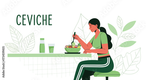 Healthy lifestyle with fresh ceviche and woman enjoying balanced meal for well being