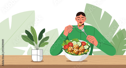 Healthy lifestyle illustration of a person eating a salad with fresh vegetables and falafel on a