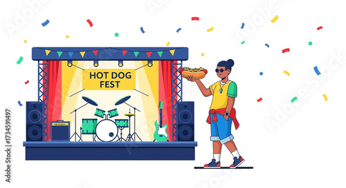 Hot Dog Fest Celebration with Stage and Confetti Featuring a Man with a Hot Dog