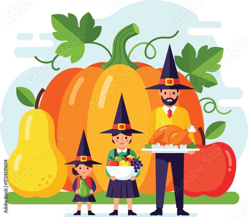 Happy family in witch hats with autumn harvest elements vector