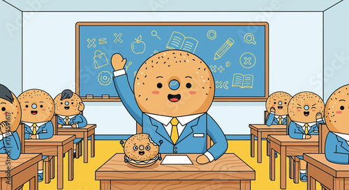 Humorous illustration of a bagel teacher in a classroom with bagel students learning concepts