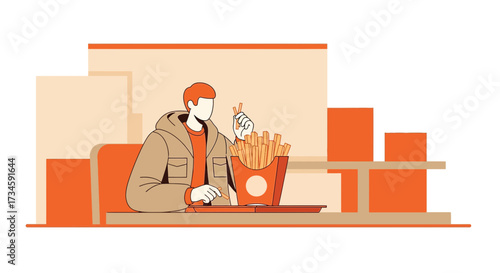 Illustration depicting a man enjoying french fries in a modern setting simple line art design