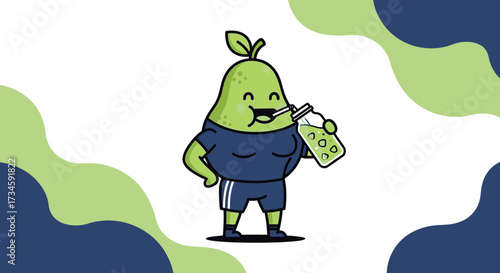 Illustration of a cheerful pear character in athletic attire hydrating with fresh juice