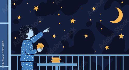 Illustration of a child watching stars and moon at night eating waffles on a balcony