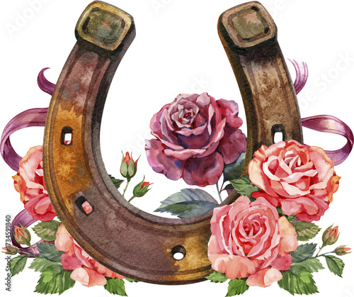 Watercolor horseshoes in vintage color with red roses design. Talisman for good luck. Design elements isolated on white background. Decorations for Saint Patrick's Day.