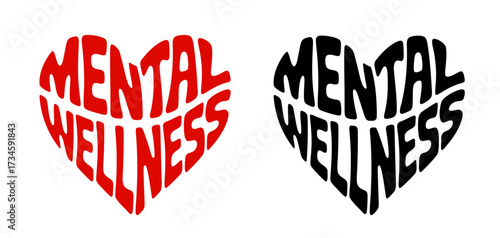 Heart-shaped sticker set featuring "MENTAL WELLNESS" in colorful and black design. For positive state of mental health concept