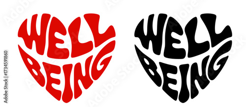Heart-shaped sticker set featuring "WELL BEING" in colorful and black design. For promotion quality in life 