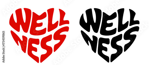 Heart-shaped sticker set featuring "WELLNESS" in colorful and black design. For promotion activities, choices and lifestyles that lead to a state of holistic health