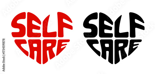 Heart-shaped sticker set featuring "SELF CARE" in colorful and black design. For promotion sustainable and better health and lifestyle