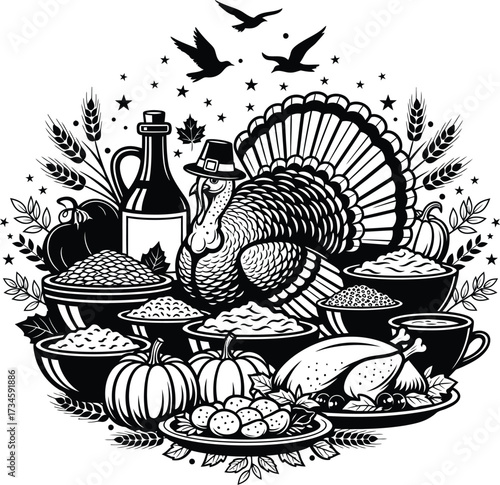 Thanksgiving harvest feast with turkey and autumn decorations hand drawn style vector